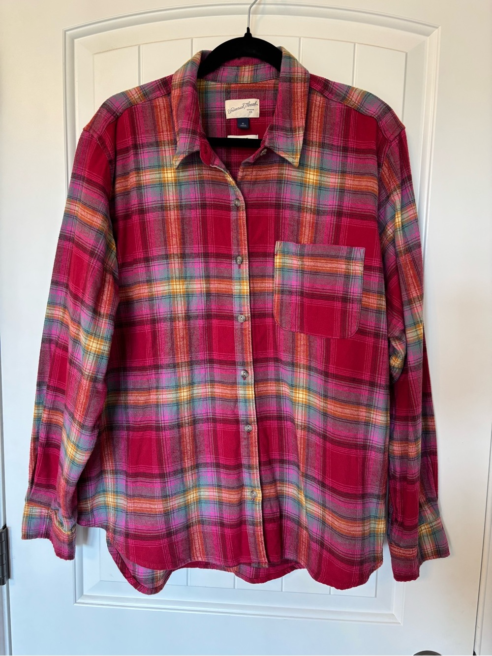 Universal Thread Pink Plaid Button-Down Shirt with Multi-Color Stripes